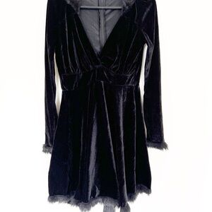 Black Cat Velvet Dress Large Faux Fur Trim Tail Halloween Whimsigoth